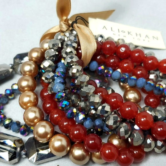 Ali khan 8pc multi rust color glass stone stretch bracelet - Picture 3 of 3